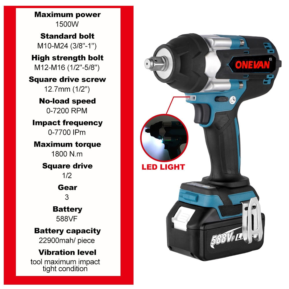 ONEVAN 1800N.M Torque Brushless Electric Impact Wrench with 588VF Battery 1/2&quot; Cordless Wrench Power Tool For Makita 18V Battery
