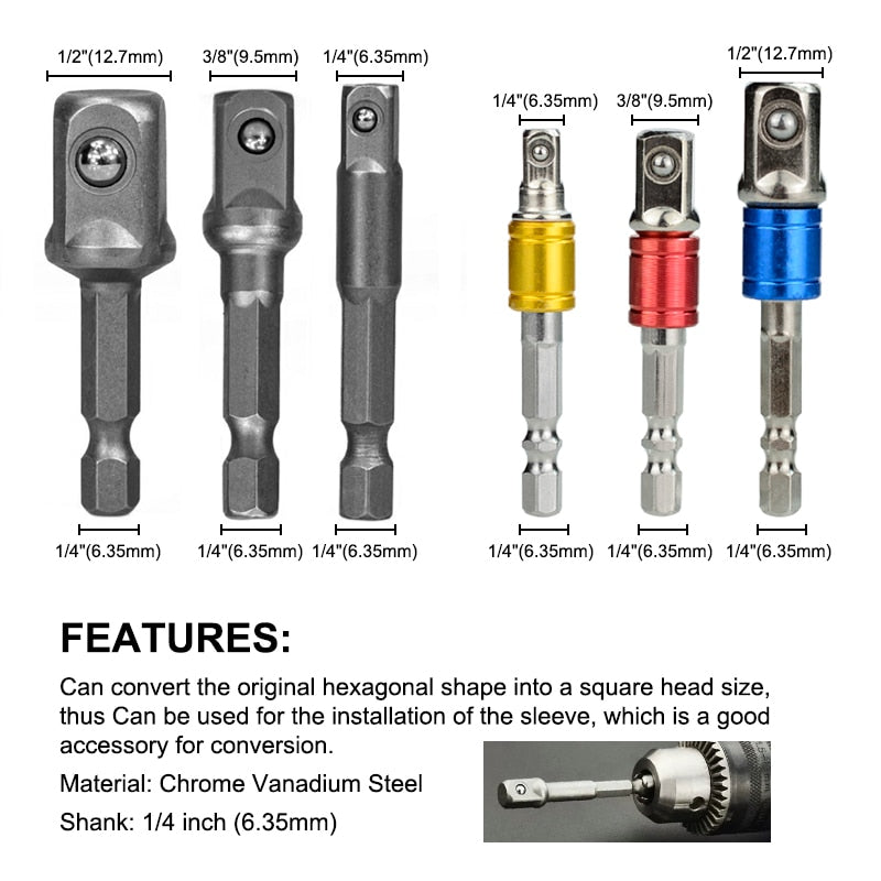 XCAN 3pcs 1/4 &quot;3/8&quot; 1/2 &quot; Socket Adapter Hex Shank Drill bits Extension Rod Power Tool Accessories