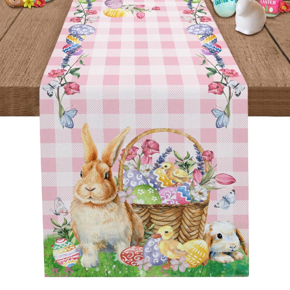 Easter Bunny Egg Duck Flower Linen Table Runner Wedding Decoration Anti-Fouling Rectangular Dining Table Runner Table Decoration