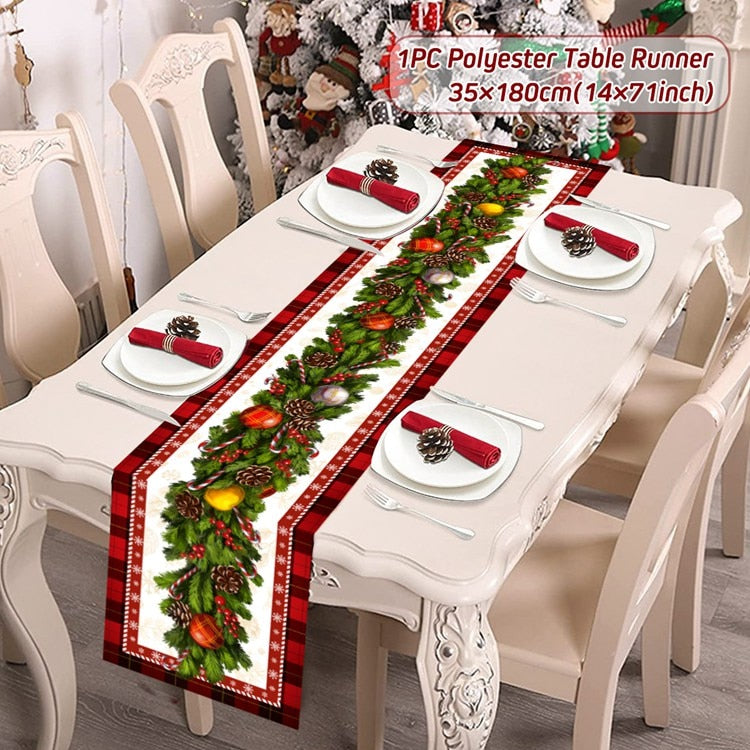Safflower Pine Leaves Christmas Table Runner Xmas Table Flag Cover Navidad Natal Gifts Christmas Decor New Year 2023 Tablecloth
