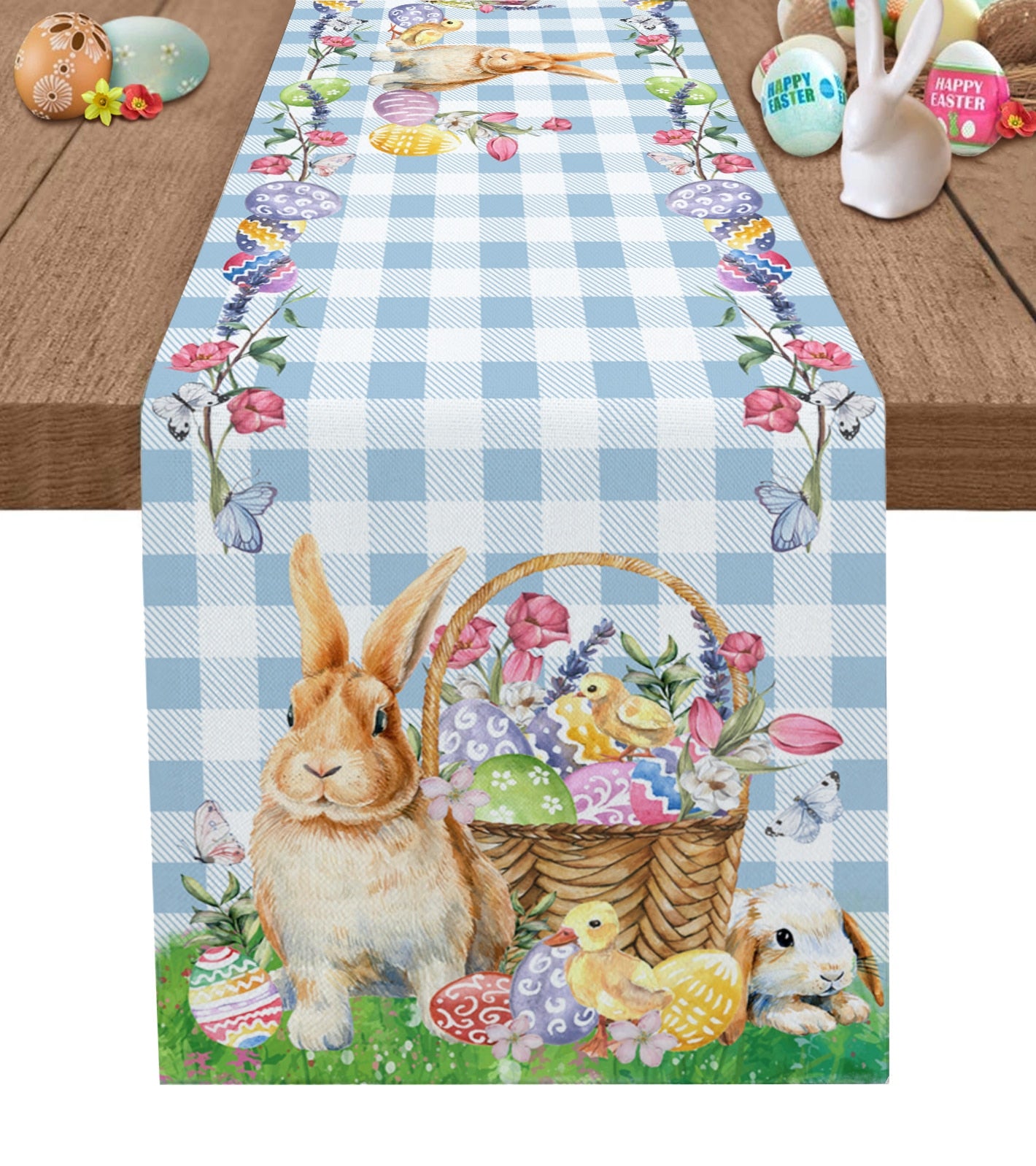 Easter Bunny Egg Duck Flower Linen Table Runner Wedding Decoration Anti-Fouling Rectangular Dining Table Runner Table Decoration