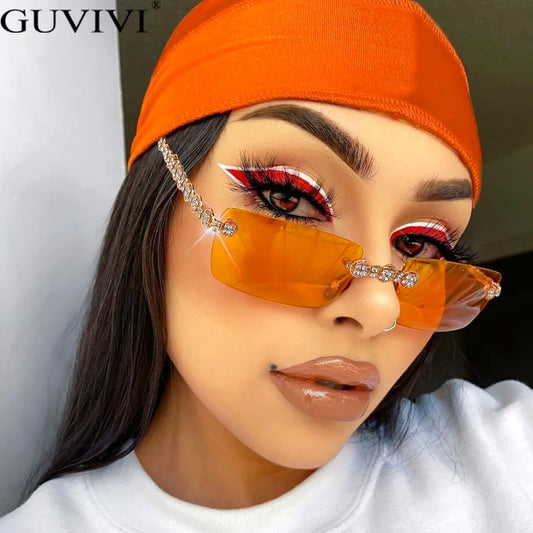 Gafas de sol sin montura con diamantes para mujer, lentes rectangulares Steampunk de cristal Vintage con diamantes de imitación, UV400, 2021