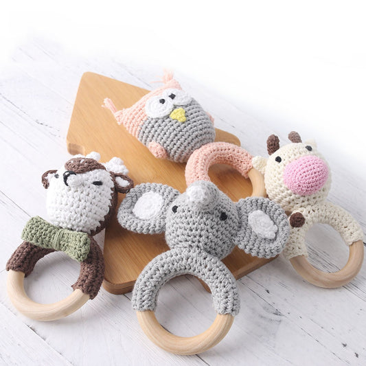 Mordedor de madera para bebé, sonajero de anillo de ganchillo de Animal, productos para bebé, manualidades DIY, sonajero de dentición, juguetes Amigurumi, 1 ud.