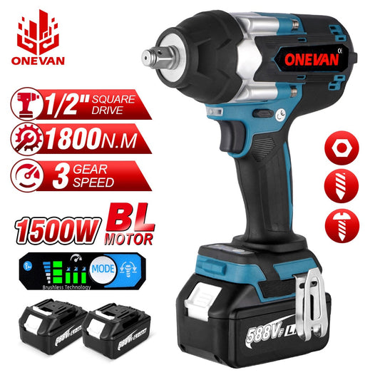 ONEVAN 1800N.M Torque Brushless Electric Impact Wrench with 588VF Battery 1/2&quot; Cordless Wrench Power Tool For Makita 18V Battery
